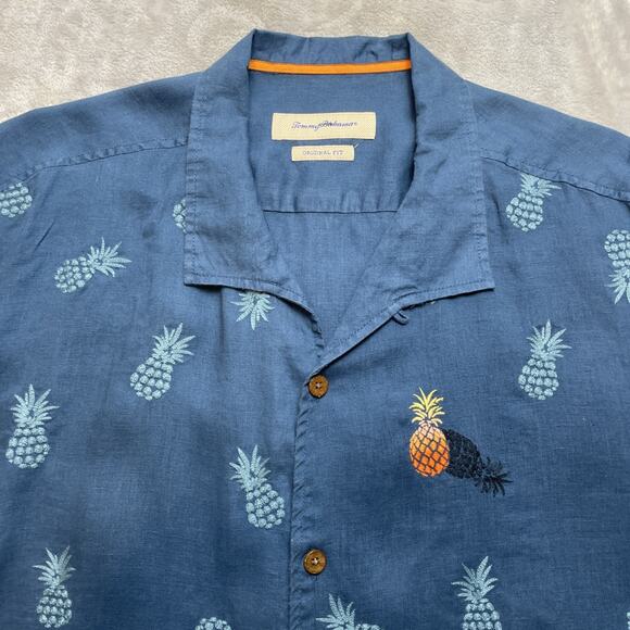 Tommy Bahama 100% Linen Hawaiian Camp Shirt Mens 2XL Blue Pineapple Loop Collar - Picture 1 of 8